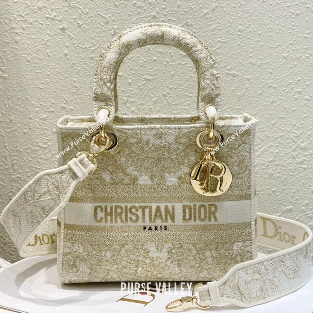 Dior Medium Lady D-Lite Bag in Gold-Tone and White Butterfly Around The World Embroidery 2024 (DMZ-24022803)