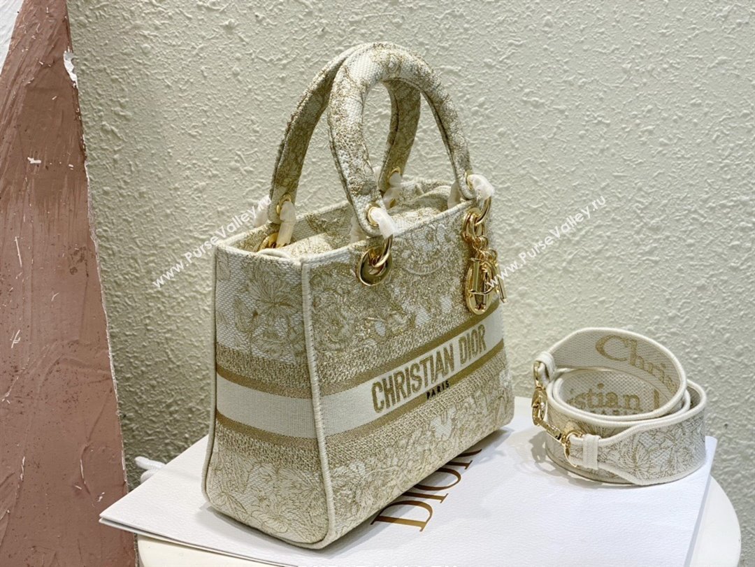 Dior Medium Lady D-Lite Bag in Gold-Tone and White Butterfly Around The World Embroidery 2024 (DMZ-24022803)