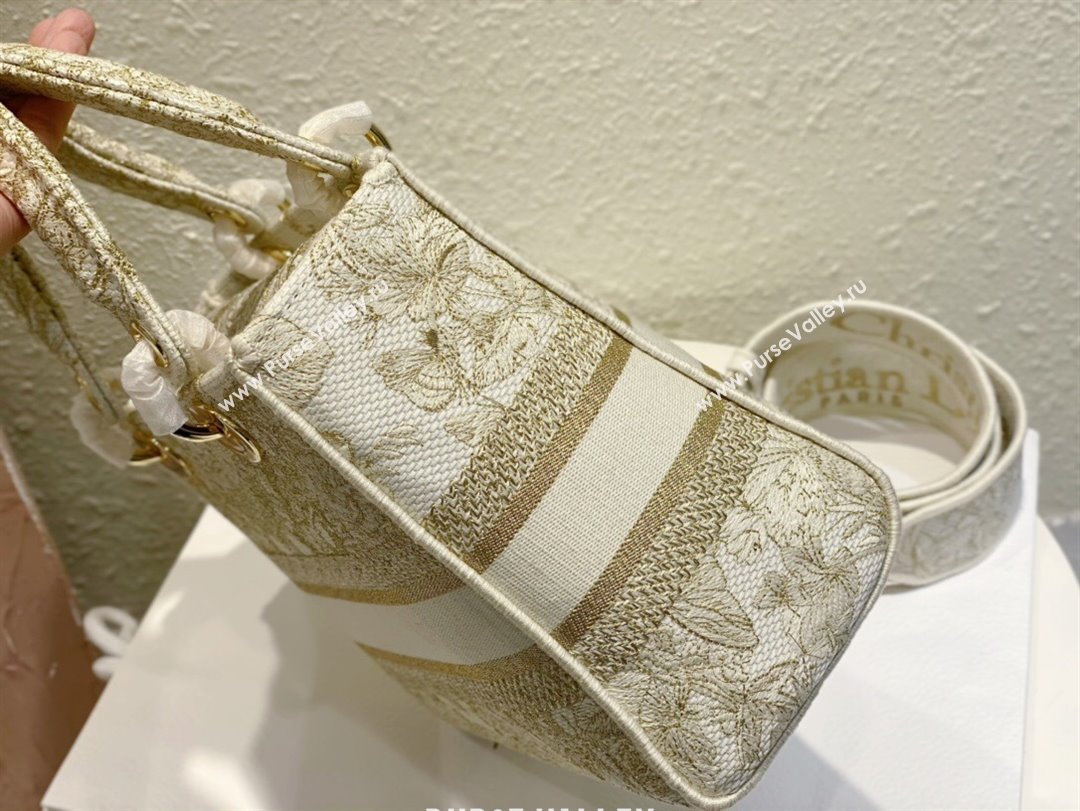 Dior Medium Lady D-Lite Bag in Gold-Tone and White Butterfly Around The World Embroidery 2024 (DMZ-24022803)