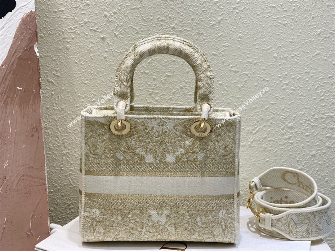 Dior Medium Lady D-Lite Bag in Gold-Tone and White Butterfly Around The World Embroidery 2024 (DMZ-24022803)