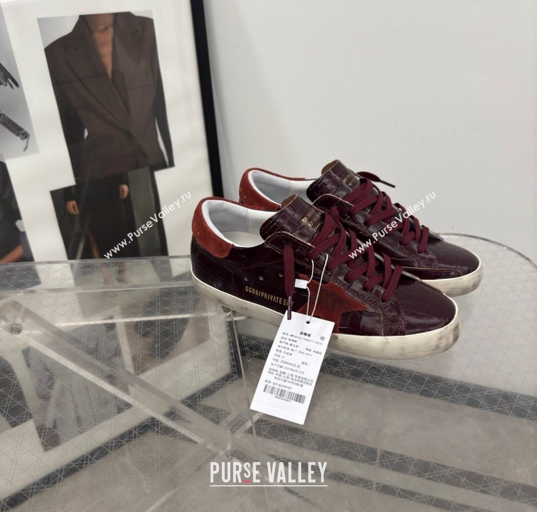 Golden Goose Womens Super-Star Sneakers in Dark Burgundy Crocodile Embossed Leather 2025 0221 (13-250221004)