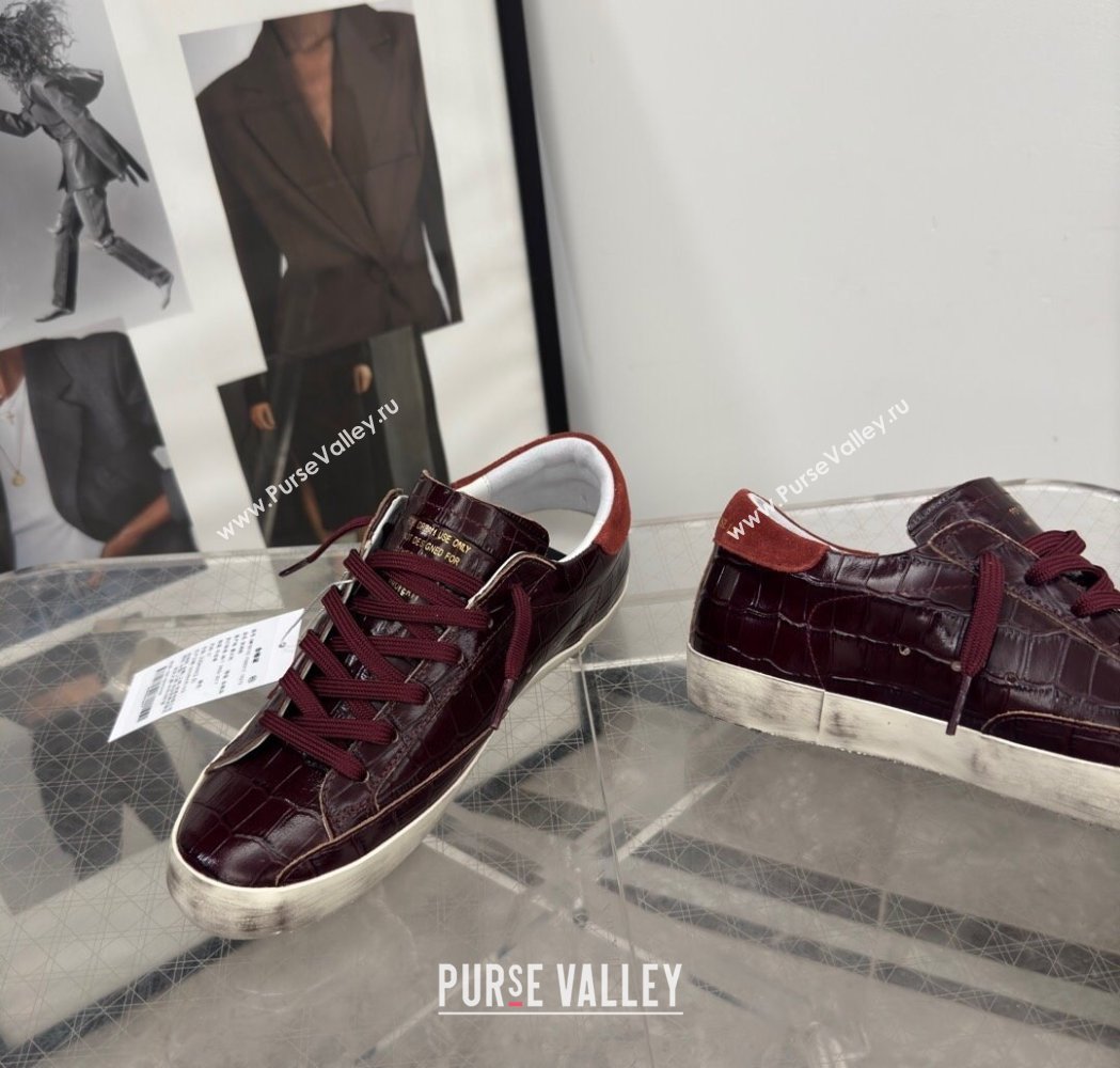 Golden Goose Womens Super-Star Sneakers in Dark Burgundy Crocodile Embossed Leather 2025 0221 (13-250221004)