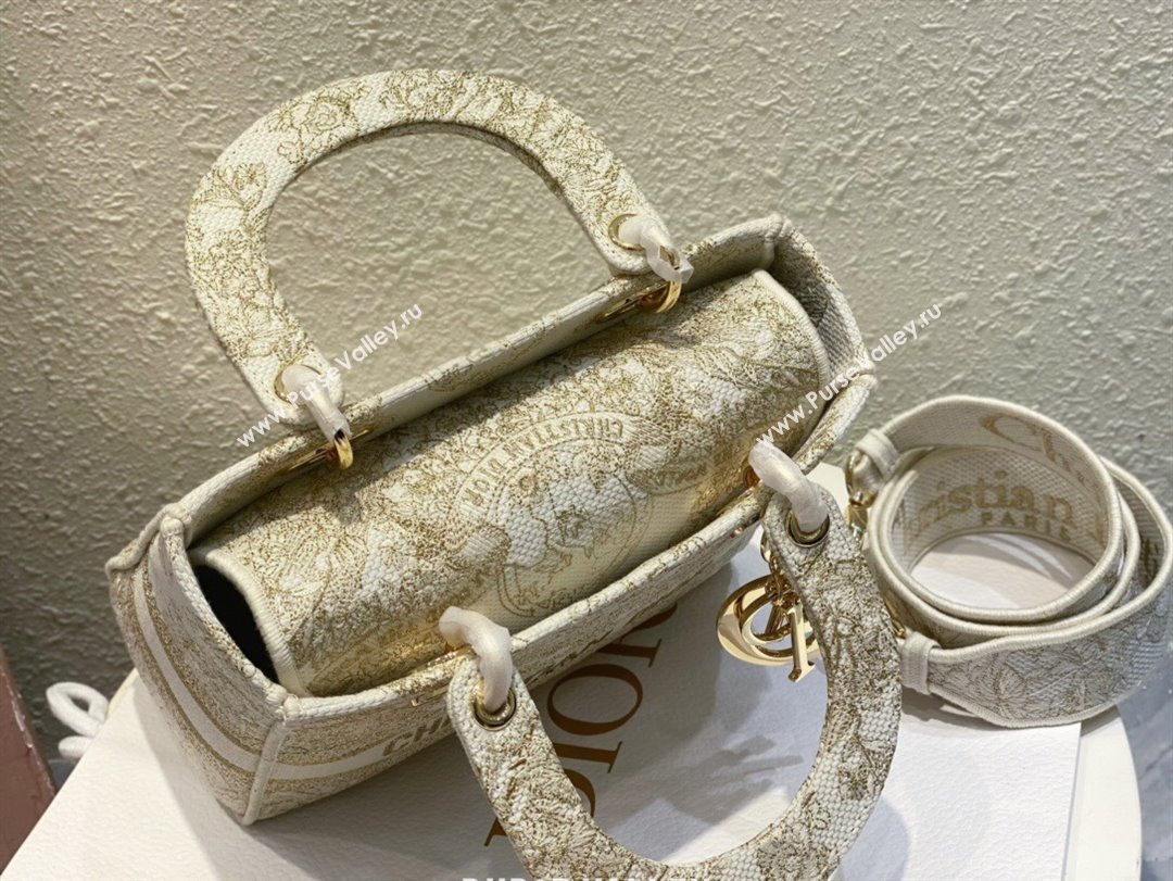 Dior Medium Lady D-Lite Bag in Gold-Tone and White Butterfly Around The World Embroidery 2024 (DMZ-24022803)