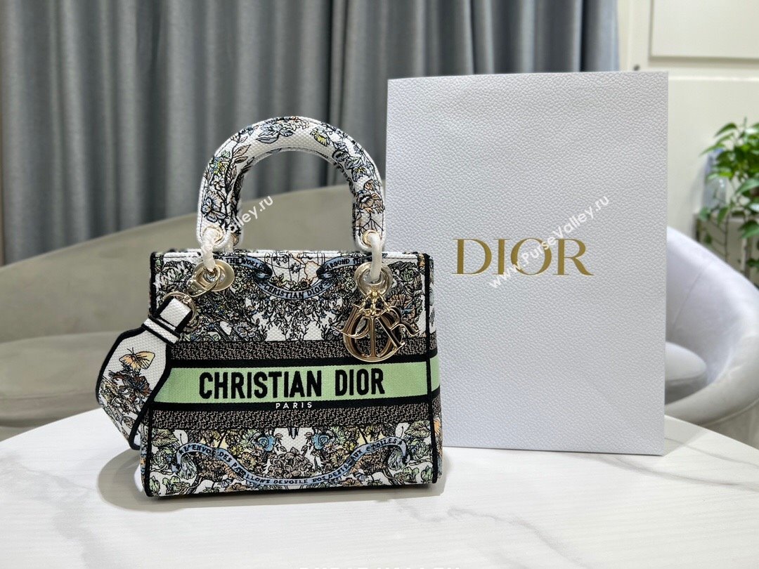 Dior Medium Lady D-Lite Bag in Green and White Butterfly Around The World Embroidery 2024 (DMZ-24022804)