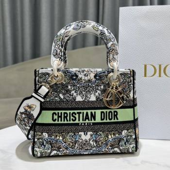 Dior Medium Lady D-Lite Bag in Green and White Butterfly Around The World Embroidery 2024 (DMZ-24022804)