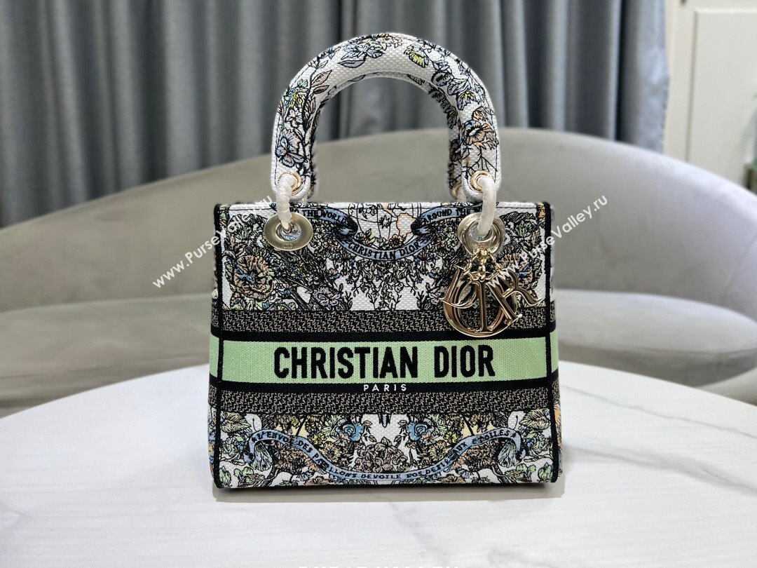 Dior Medium Lady D-Lite Bag in Green and White Butterfly Around The World Embroidery 2024 (DMZ-24022804)