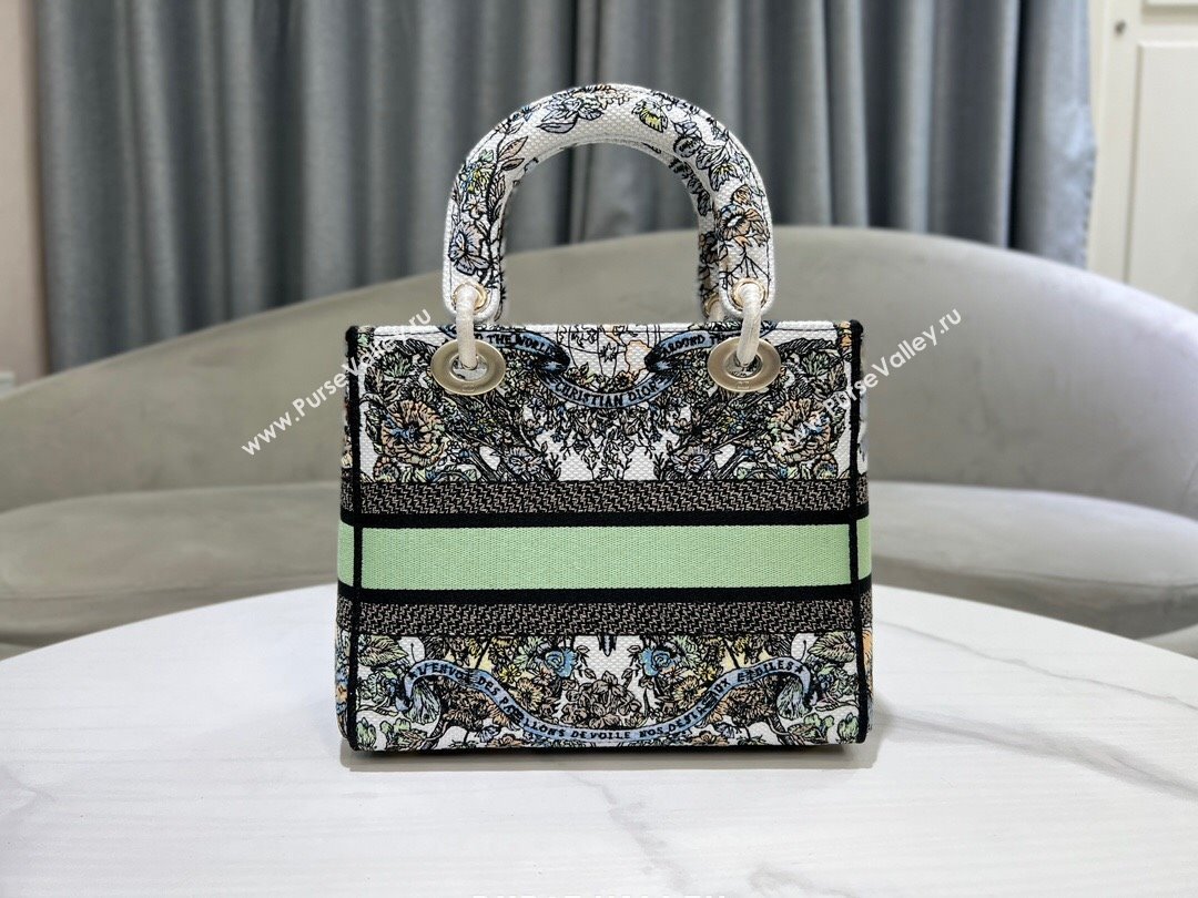 Dior Medium Lady D-Lite Bag in Green and White Butterfly Around The World Embroidery 2024 (DMZ-24022804)