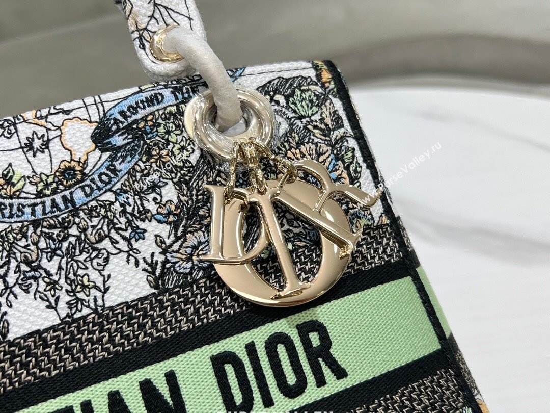 Dior Medium Lady D-Lite Bag in Green and White Butterfly Around The World Embroidery 2024 (DMZ-24022804)
