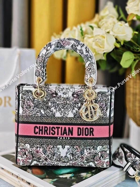 Dior Medium Lady D-Lite Bag in Pink and White Butterfly Around The World Embroidery 2024 (DMZ-24022805)