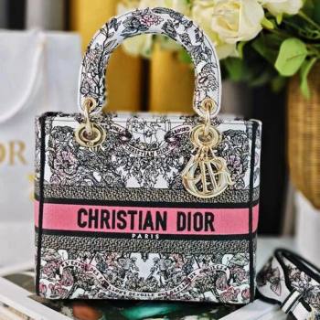 Dior Medium Lady D-Lite Bag in Pink and White Butterfly Around The World Embroidery 2024 (DMZ-24022805)