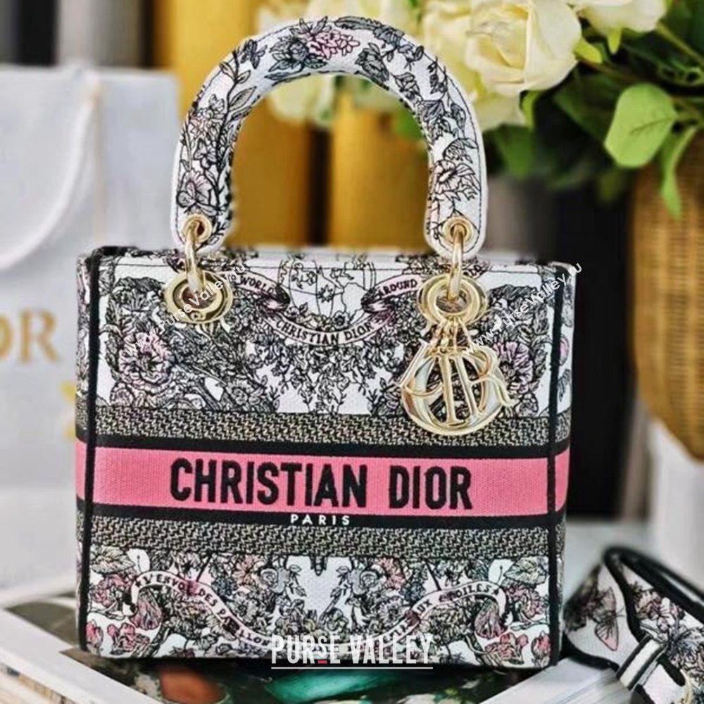 Dior Medium Lady D-Lite Bag in Pink and White Butterfly Around The World Embroidery 2024 (DMZ-24022805)
