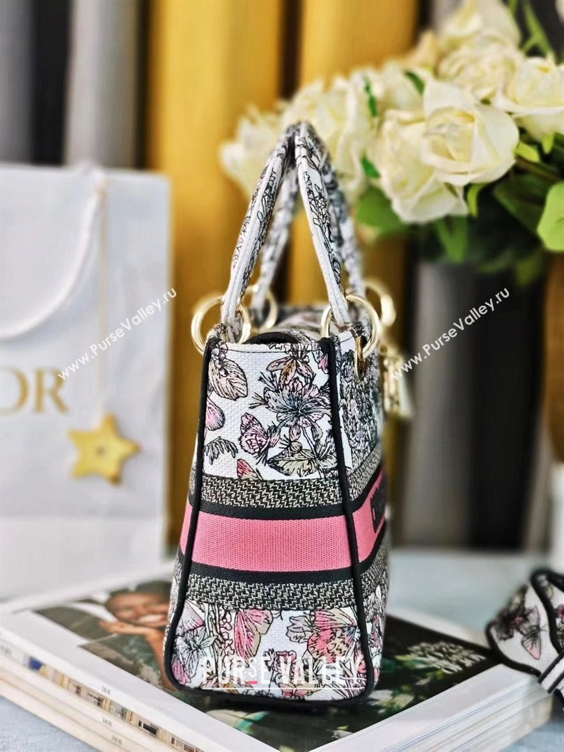Dior Medium Lady D-Lite Bag in Pink and White Butterfly Around The World Embroidery 2024 (DMZ-24022805)