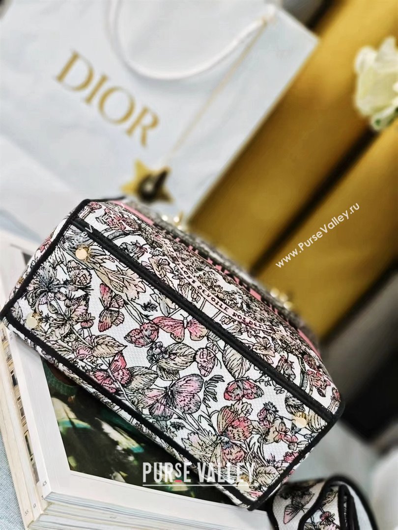 Dior Medium Lady D-Lite Bag in Pink and White Butterfly Around The World Embroidery 2024 (DMZ-24022805)