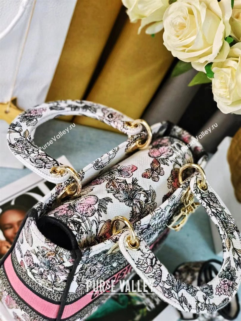 Dior Medium Lady D-Lite Bag in Pink and White Butterfly Around The World Embroidery 2024 (DMZ-24022805)