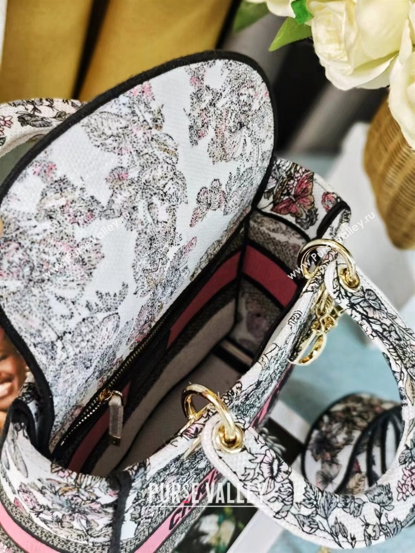 Dior Medium Lady D-Lite Bag in Pink and White Butterfly Around The World Embroidery 2024 (DMZ-24022805)
