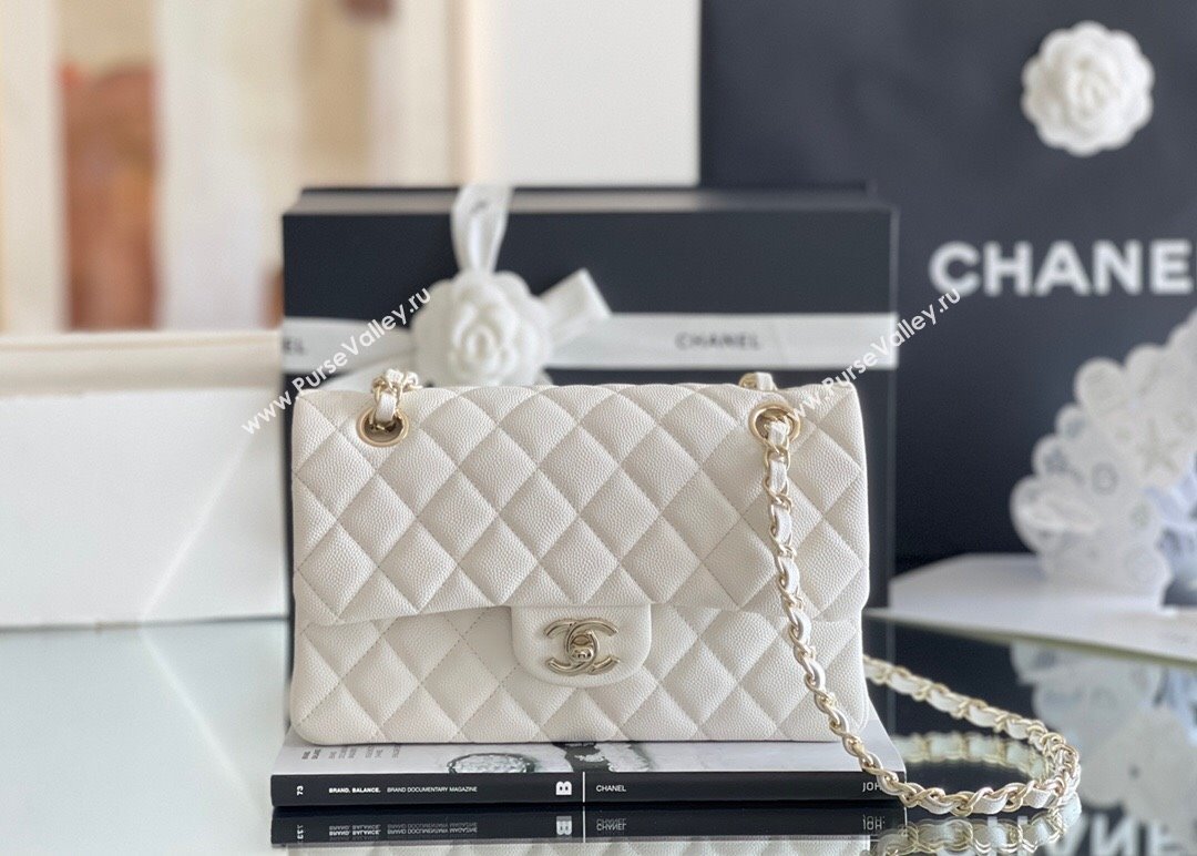 Chanel Grained Calfskin Small Classic Flap Bag A01113 White/Light Gold 2023 Original Quality (MHE-23121209)