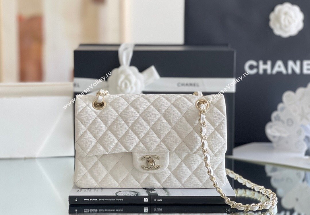 Chanel Grained Calfskin Small Classic Flap Bag A01113 White/Light Gold 2023 Original Quality (MHE-23121209)