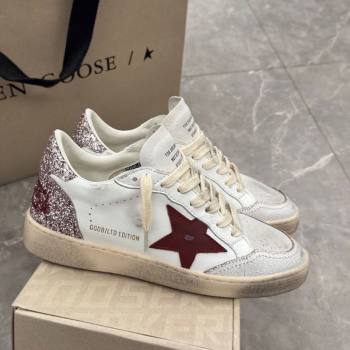 Golden Goose Womens Ball Star LTD Sneakers with red leather star and pink glitter heel tab 2025 0221 (13-250221015)