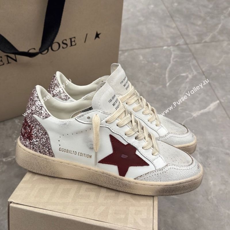 Golden Goose Womens Ball Star LTD Sneakers with red leather star and pink glitter heel tab 2025 0221 (13-250221015)