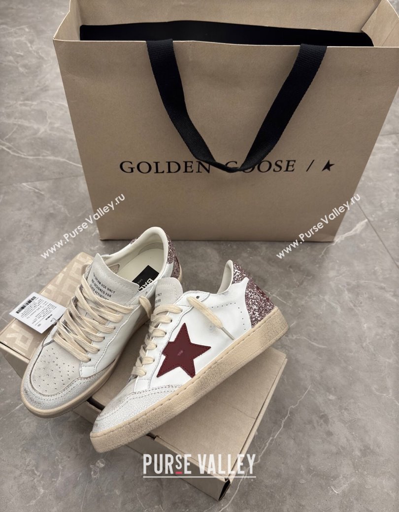 Golden Goose Womens Ball Star LTD Sneakers with red leather star and pink glitter heel tab 2025 0221 (13-250221015)
