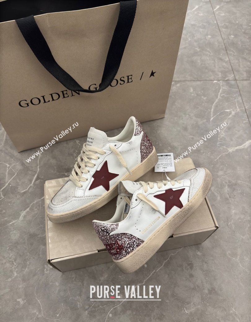 Golden Goose Womens Ball Star LTD Sneakers with red leather star and pink glitter heel tab 2025 0221 (13-250221015)