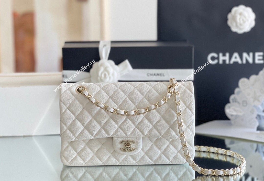 Chanel Grained Calfskin Medium Classic Flap Bag A01112 White/Light Gold 2023 Original Quality (MHE-23121210)