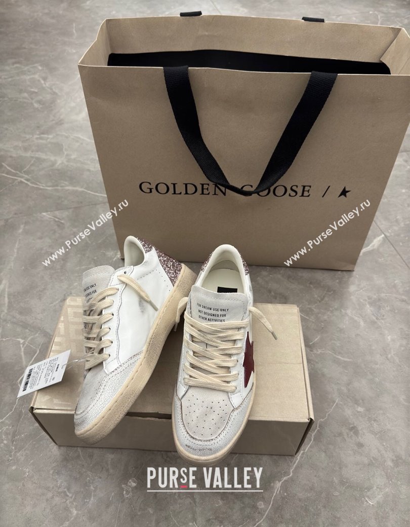 Golden Goose Womens Ball Star LTD Sneakers with red leather star and pink glitter heel tab 2025 0221 (13-250221015)
