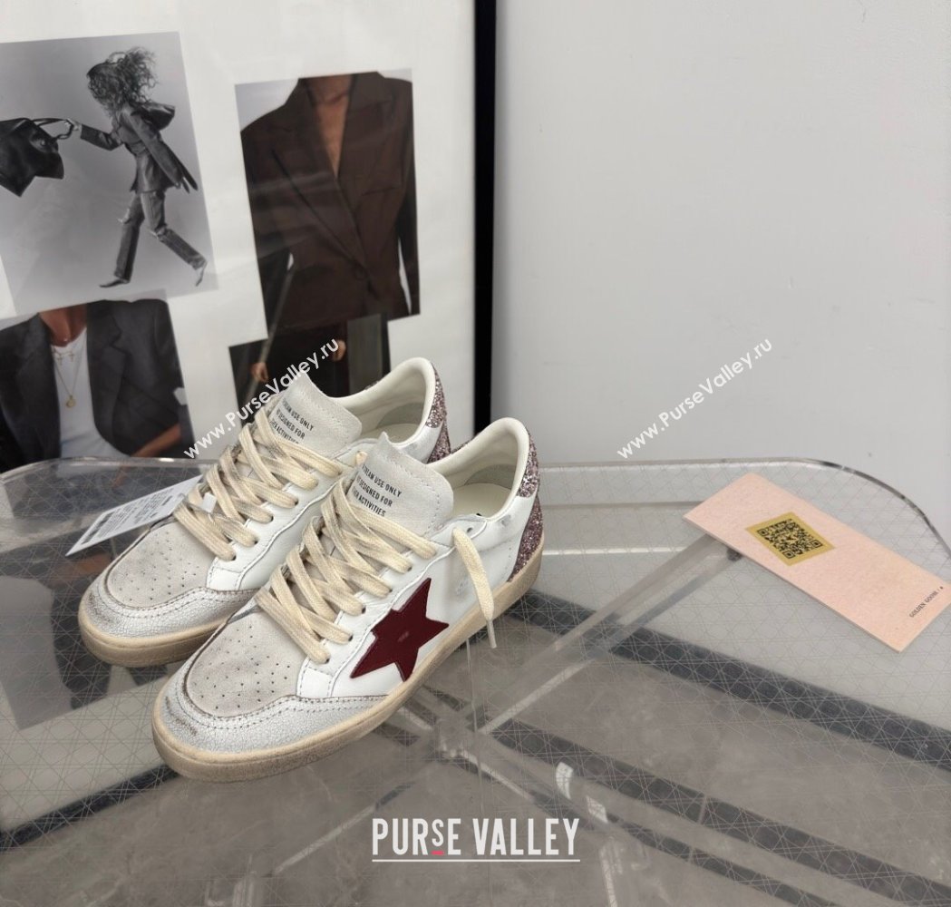 Golden Goose Womens Ball Star LTD Sneakers with red leather star and pink glitter heel tab 2025 0221 (13-250221015)