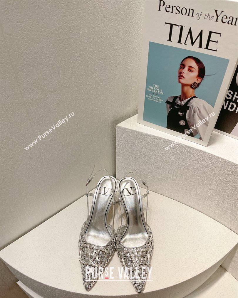 Valentino VLogo Slingback Pumps 7.5cm in Woven Calfskin with Crystals Silver 2023 VT102701 (MD-231027025)