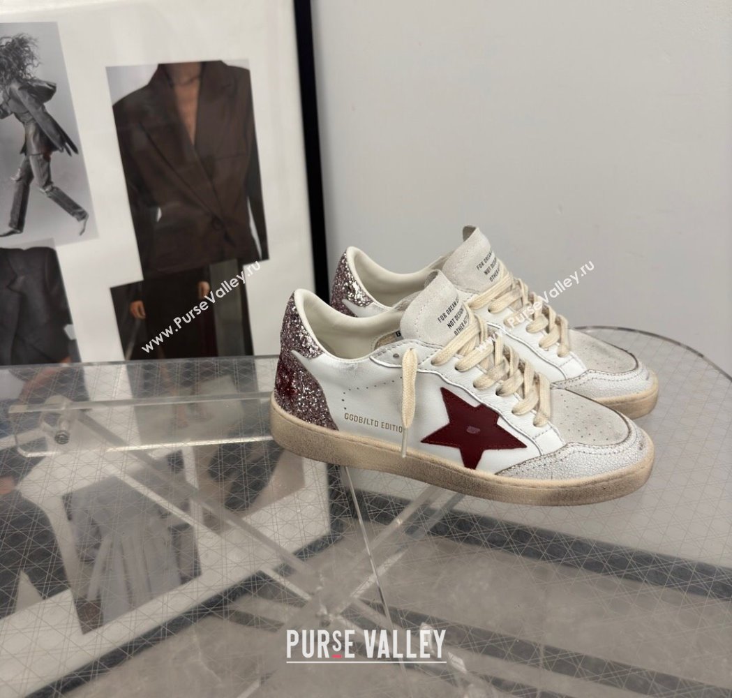 Golden Goose Womens Ball Star LTD Sneakers with red leather star and pink glitter heel tab 2025 0221 (13-250221015)
