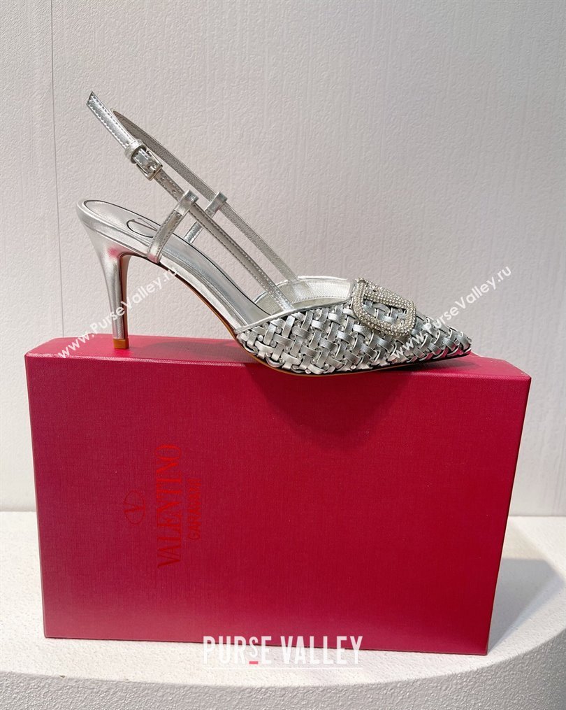 Valentino VLogo Slingback Pumps 7.5cm in Woven Calfskin with Crystals Silver 2023 VT102701 (MD-231027025)