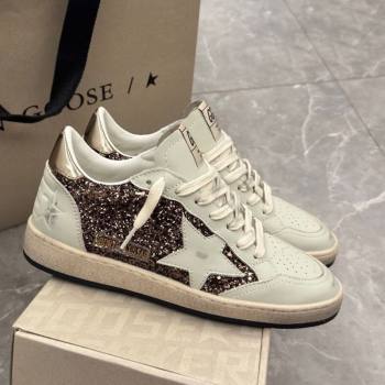 Golden Goose Womens Ball Star Sneakers in glitter with white leather star and metallic leather heel tab 2025 0221 (13-250221016)