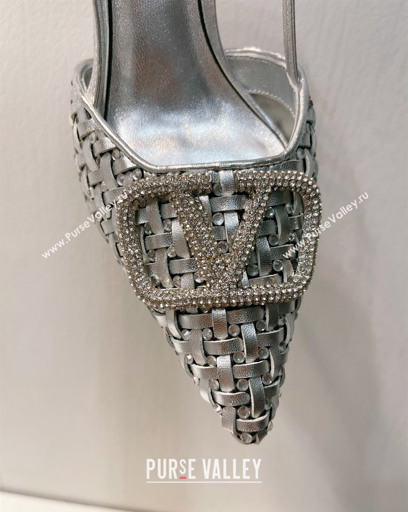 Valentino VLogo Slingback Pumps 7.5cm in Woven Calfskin with Crystals Silver 2023 VT102701 (MD-231027025)