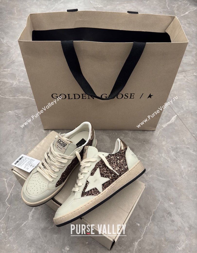 Golden Goose Womens Ball Star Sneakers in glitter with white leather star and metallic leather heel tab 2025 0221 (13-250221016)