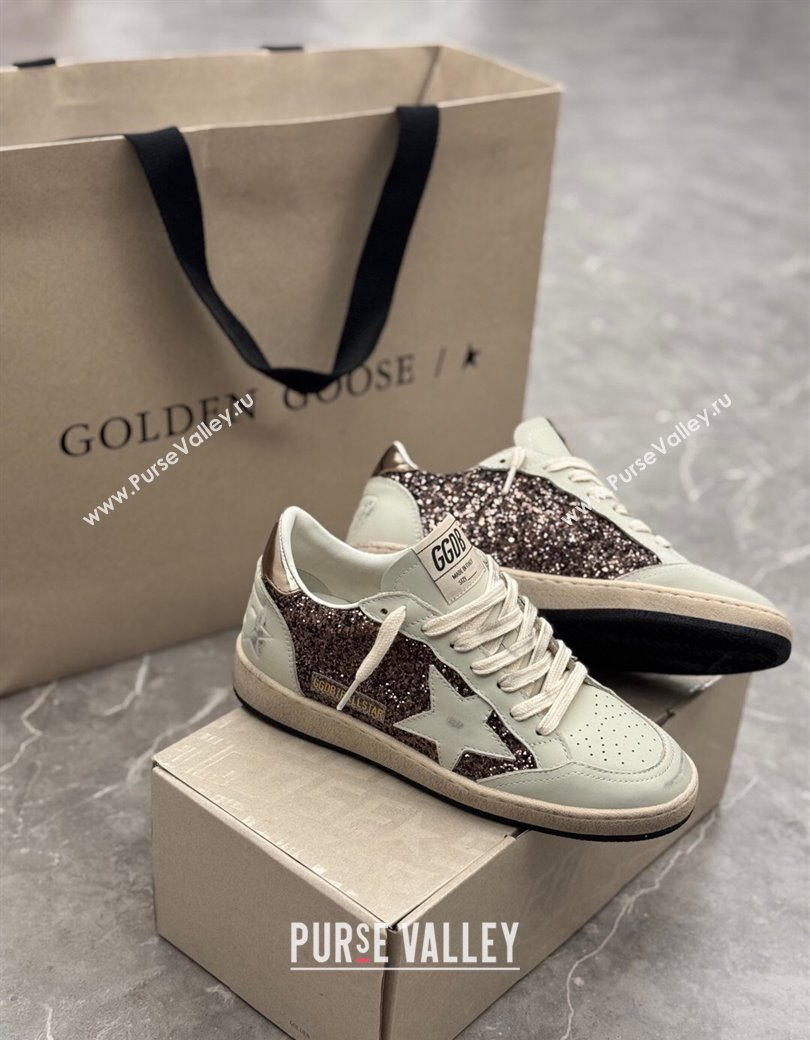 Golden Goose Womens Ball Star Sneakers in glitter with white leather star and metallic leather heel tab 2025 0221 (13-250221016)