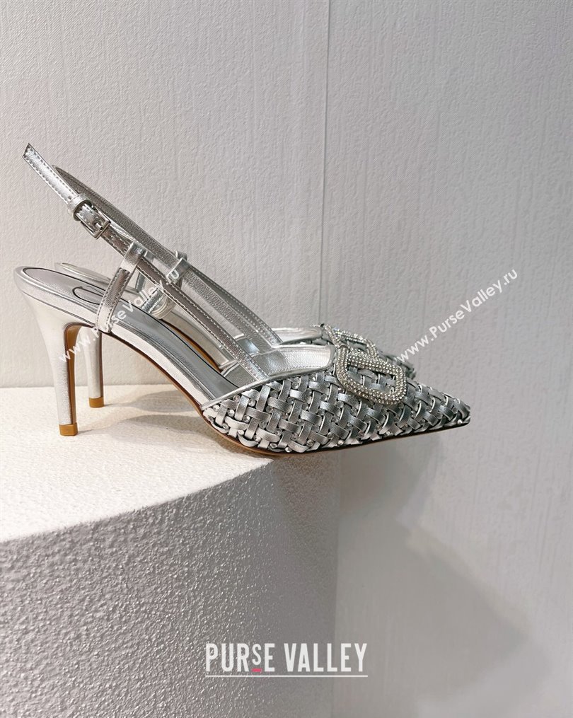 Valentino VLogo Slingback Pumps 7.5cm in Woven Calfskin with Crystals Silver 2023 VT102701 (MD-231027025)