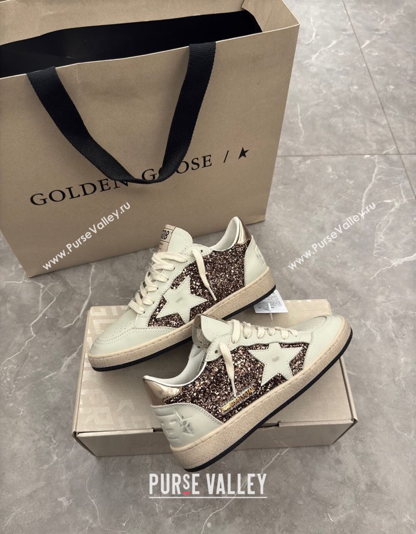 Golden Goose Womens Ball Star Sneakers in glitter with white leather star and metallic leather heel tab 2025 0221 (13-250221016)