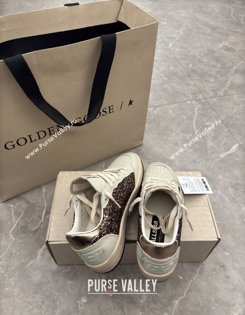 Golden Goose Womens Ball Star Sneakers in glitter with white leather star and metallic leather heel tab 2025 0221 (13-250221016)