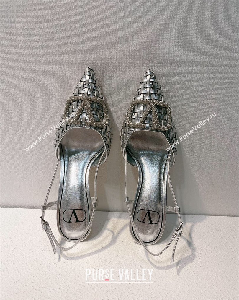 Valentino VLogo Slingback Pumps 7.5cm in Woven Calfskin with Crystals Silver 2023 VT102701 (MD-231027025)