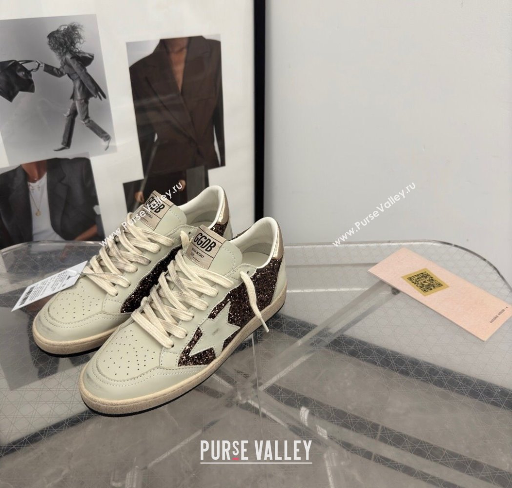 Golden Goose Womens Ball Star Sneakers in glitter with white leather star and metallic leather heel tab 2025 0221 (13-250221016)