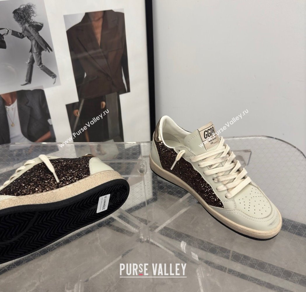 Golden Goose Womens Ball Star Sneakers in glitter with white leather star and metallic leather heel tab 2025 0221 (13-250221016)