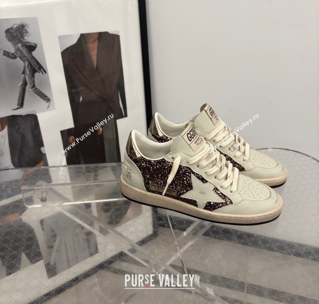 Golden Goose Womens Ball Star Sneakers in glitter with white leather star and metallic leather heel tab 2025 0221 (13-250221016)
