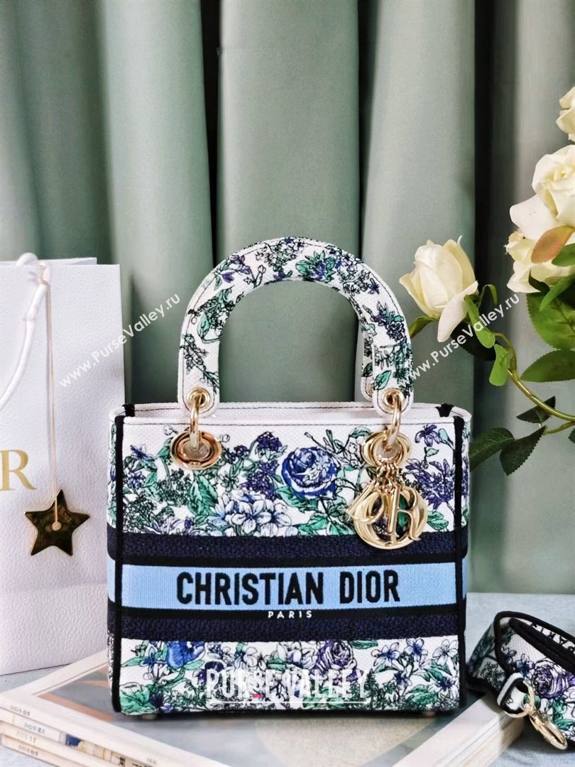 Dior Medium Lady D-Lite Bag in White Multicolor Embroidery Blue 2024 (DMZ-24022802)