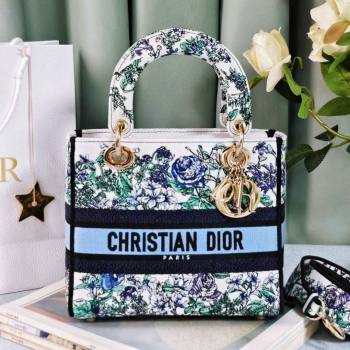 Dior Medium Lady D-Lite Bag in White Multicolor Embroidery Blue 2024 (DMZ-24022802)
