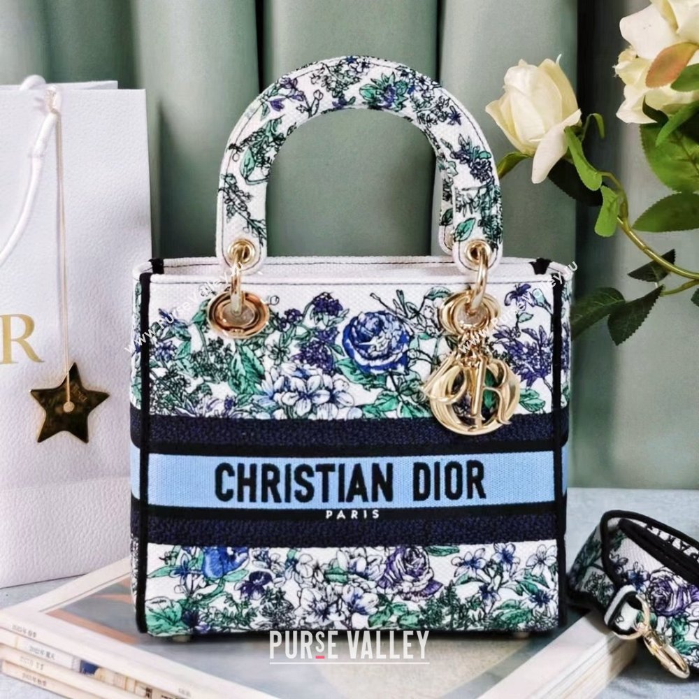 Dior Medium Lady D-Lite Bag in White Multicolor Embroidery Blue 2024 (DMZ-24022802)