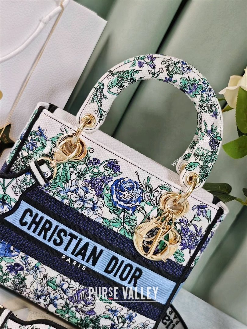 Dior Medium Lady D-Lite Bag in White Multicolor Embroidery Blue 2024 (DMZ-24022802)