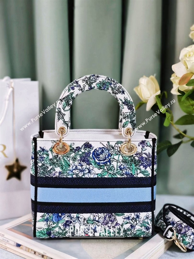 Dior Medium Lady D-Lite Bag in White Multicolor Embroidery Blue 2024 (DMZ-24022802)