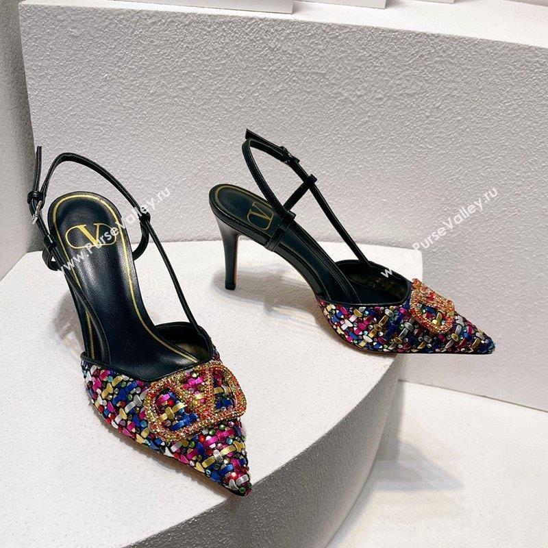 Valentino VLogo Slingback Pumps 7.5cm in Woven Calfskin with Crystals Multicolor 2023 VT102701 (MD-231027028)