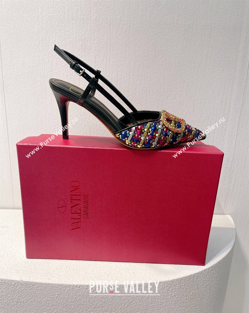 Valentino VLogo Slingback Pumps 7.5cm in Woven Calfskin with Crystals Multicolor 2023 VT102701 (MD-231027028)