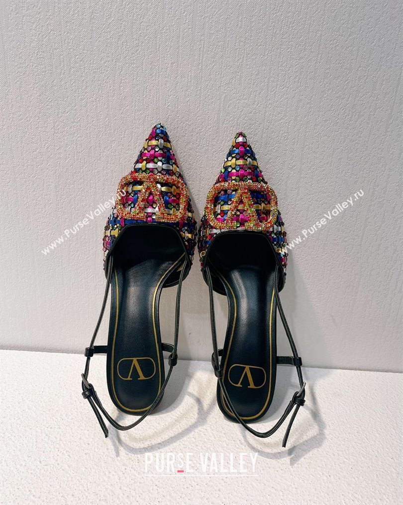 Valentino VLogo Slingback Pumps 7.5cm in Woven Calfskin with Crystals Multicolor 2023 VT102701 (MD-231027028)